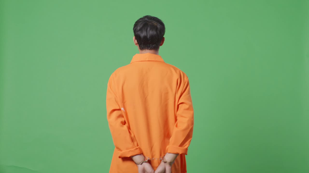 손을 은 오렌지색 스웨터를 입은 죄수