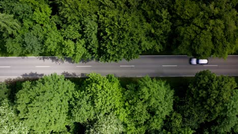 Fly-by-shot-from-a-drone,-following-a-white-car-in-the-middle-of-a-forest-street-from-the-above-aerial-view