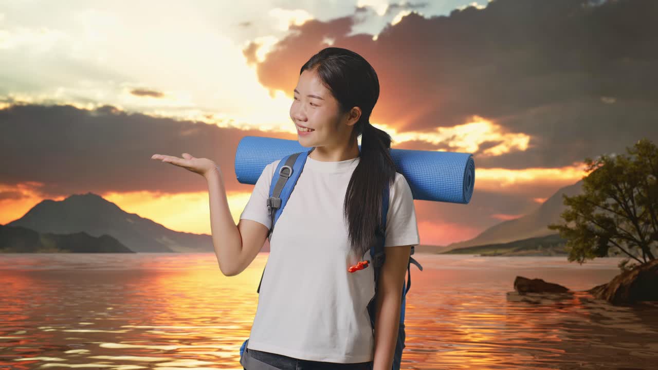 해가 지는 동안 여인 여행자