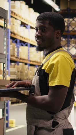 vertical video black male staff verifying inventory pallets in e-commerce logistics center