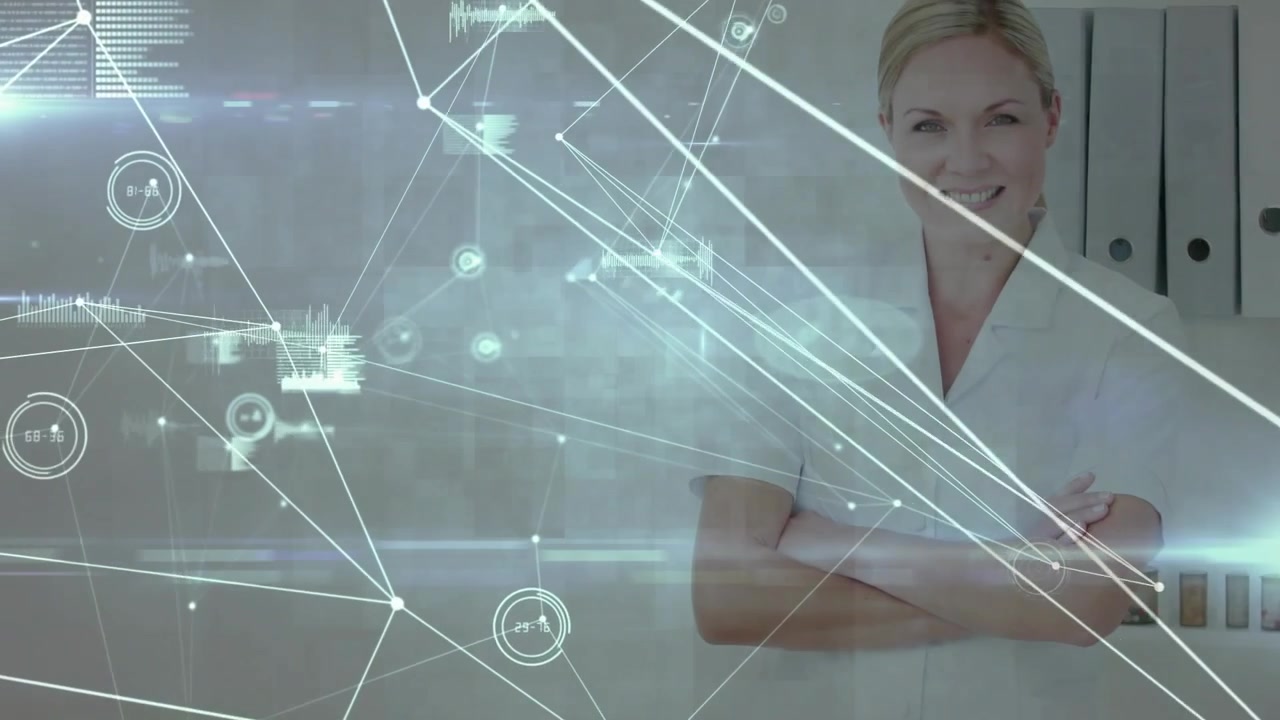 Žena stojí se zkříženýma rukama, síťové linky tvoří grafy, usmívá se, vizualizuje zdravotnické technologie.
