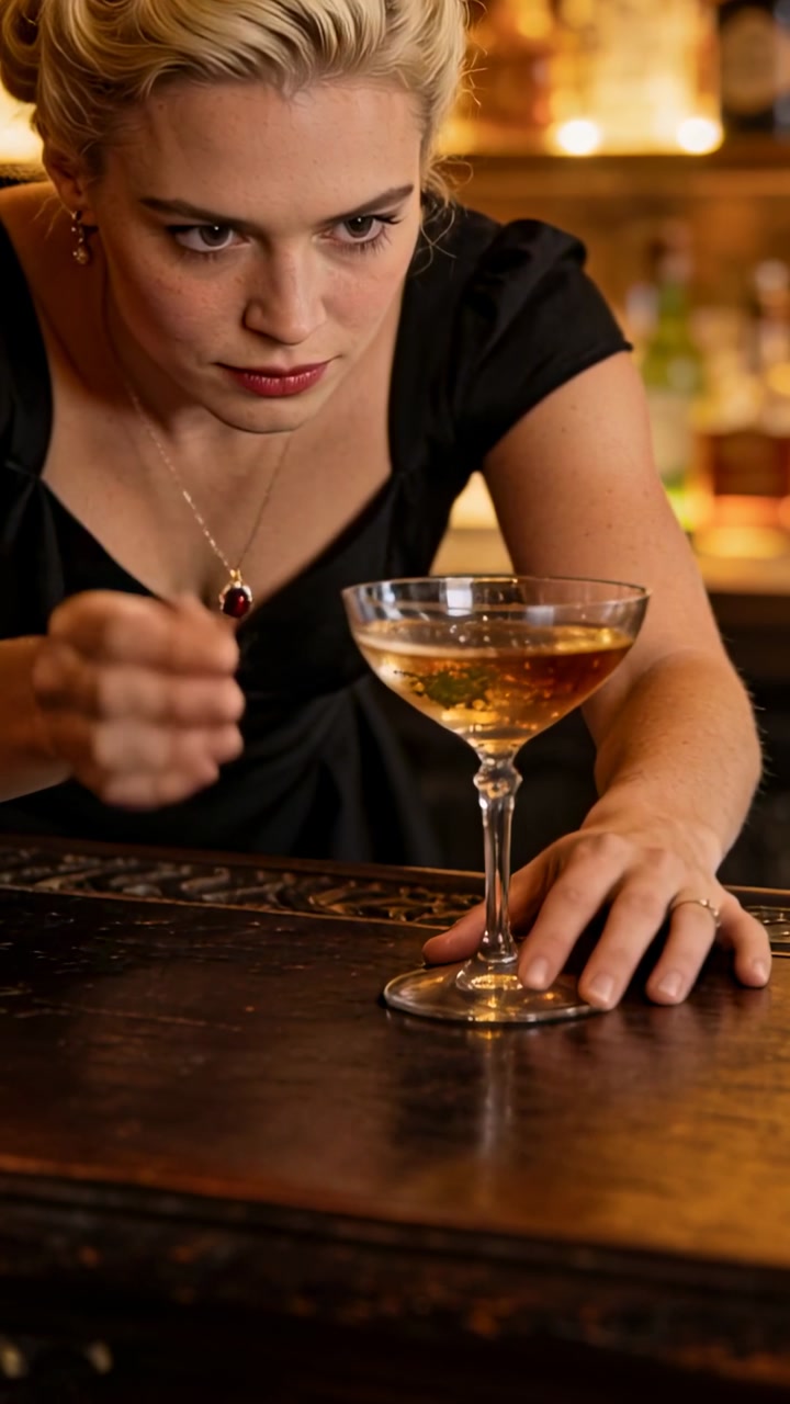 Vertical video: Reaching woman in black dress holding coupe on bar as pendant glints placing drink