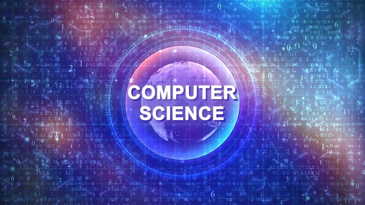 Computer Science Text on Digital Globe with Abstract Data Background