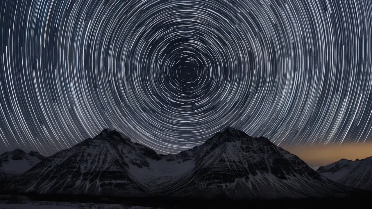 Majestic Celestial Dance: Captivating Star Trails Over Serene Majestic Mountains in a Tranquil Night Sky, Illustrating the Wonders of Astronomy and Nature's Beauty