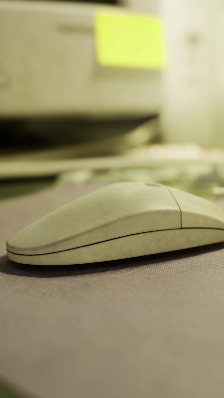 Computer mouse on a desk with a cluttered background in an office