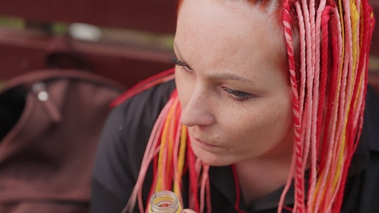 lone woman sits on park bench with bright pink hair, reflective portrait of solitary woman in city park setting, urban scene showing lonely woman with neon pink braids enjoying soda