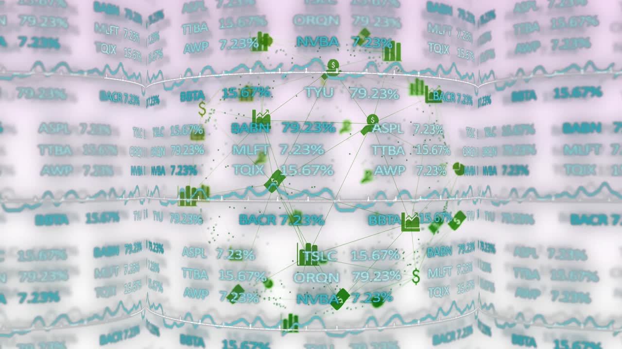 연결된 달러 기호와 그래프의 애니메이션으로 주식 시장 데이터 위에 지구를 형성합니다.