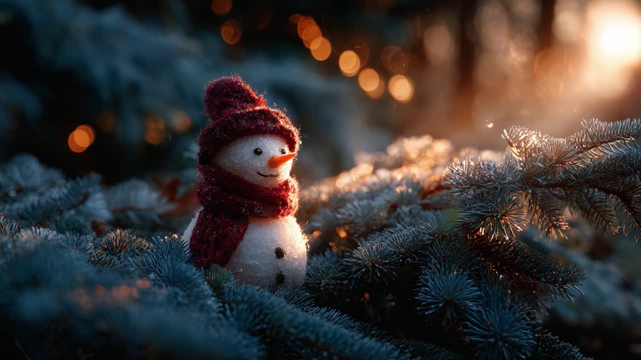 A whimsical snowman stands cheerfully amidst a snowy forest at sunset, radiating warmth and joy as the golden light filters through the frosty branches and twinkling bokeh