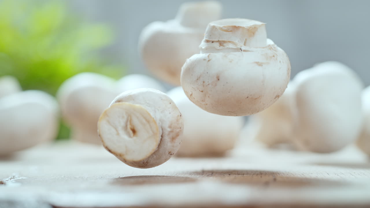 White Champignon Mushrooms Fall Onto A Kitchen Counter, Bounce and Roll In Slow Motion