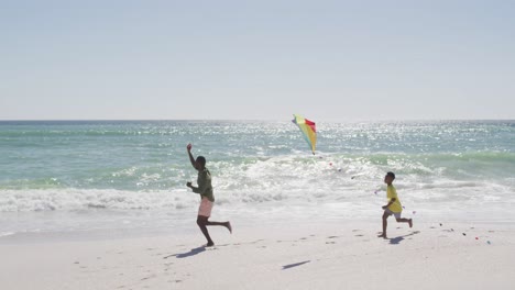 Lächelnder-Afroamerikanischer-Vater-Mit-Sohn,-Der-Am-Sonnigen-Strand-Drachen-Steigen-Lässt