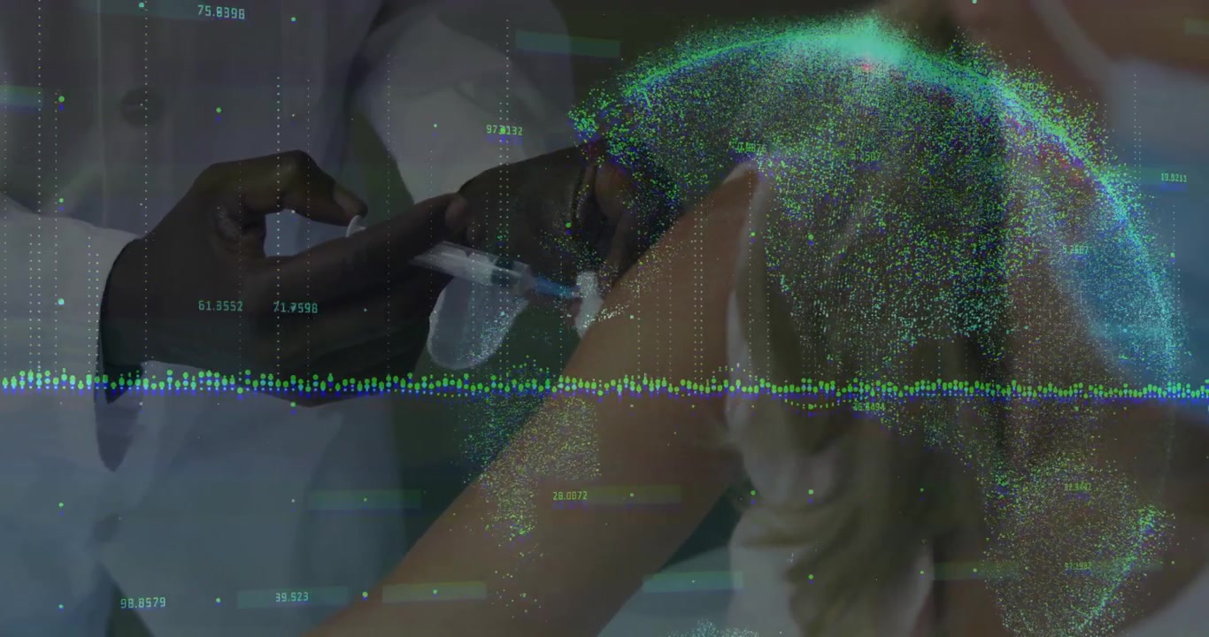 Mandlig sundhedspersonale injicerer patient med sprøjte på klinik, mens farvede datapunkter vises.