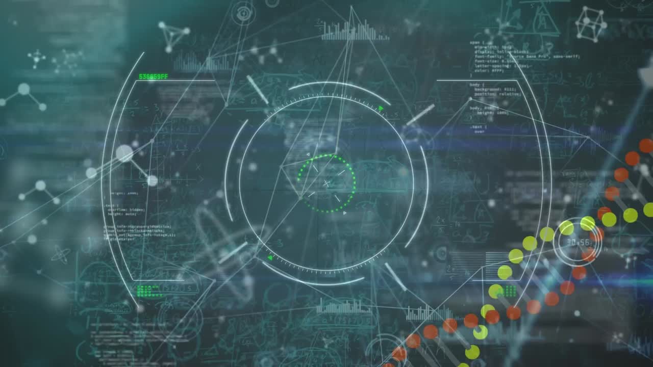 dna의 애니메이션과 녹색 배경의 과학 데이터 처리