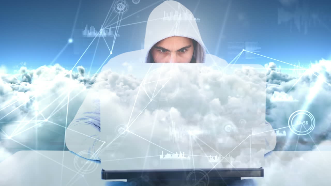 노트북 4k를 사용하는 후드 해커의 디지털 애니메이션