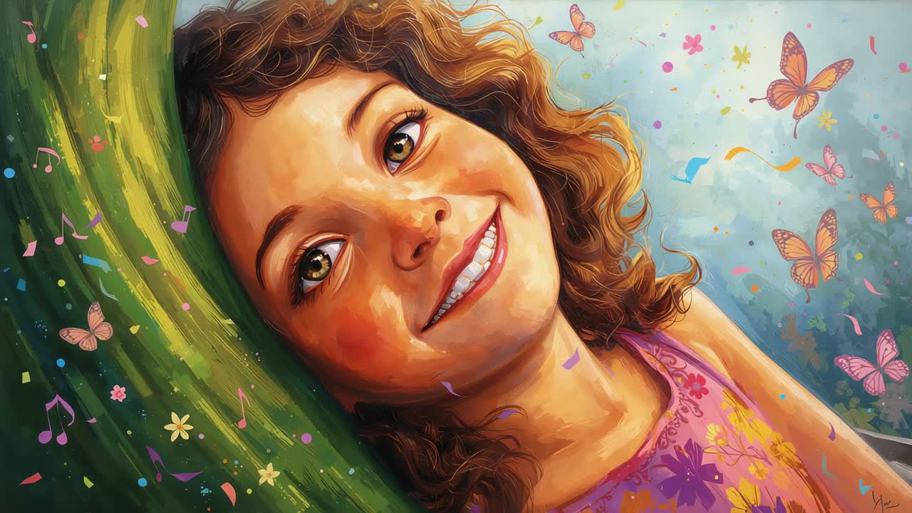 Smiling girl in purple dress leaning on tree trunk in garden breeze sending butterflies drifting