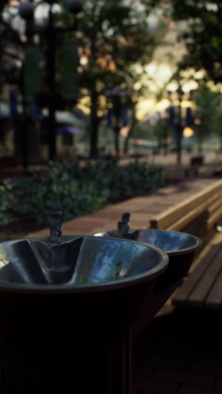 물 분수 를 가진 도시 공원 에서 해가 지는 것