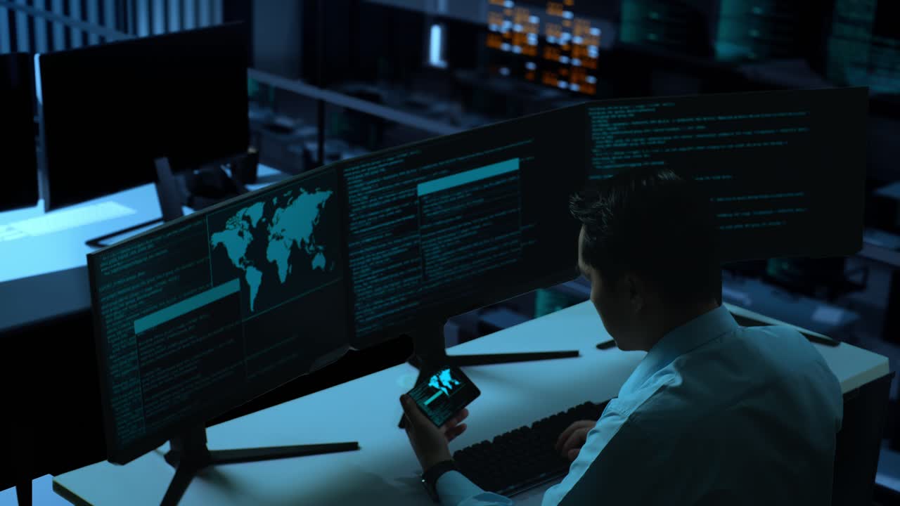 Side View Of Asian Man Developer Working With Mobile Phone While Write Code With Multiple Computer Screens In The Office