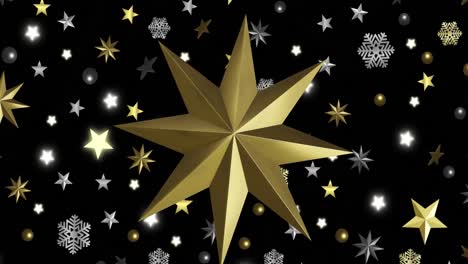 Animation-of-gold-star-spinning-over-christmas-decorations-on-black-background