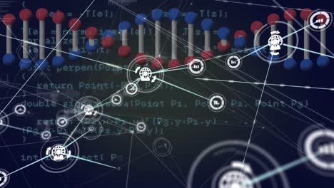 Animation-Eines-Netzwerks-Von-Verbindungen-Mit-Symbolen-über-Einem-DNA-Strang