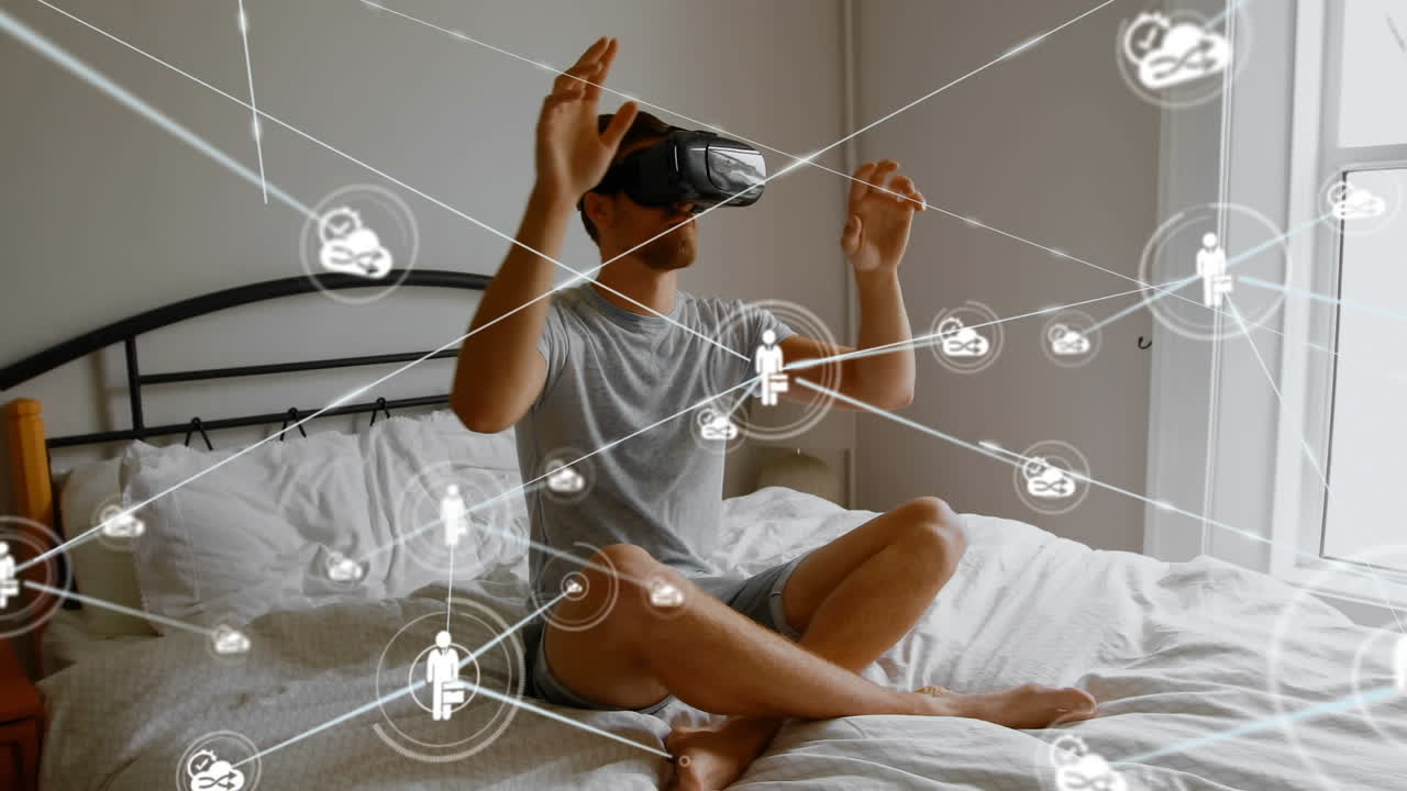 animación de la red de conexiones con iconos sobre el hombre que usa auriculares vr