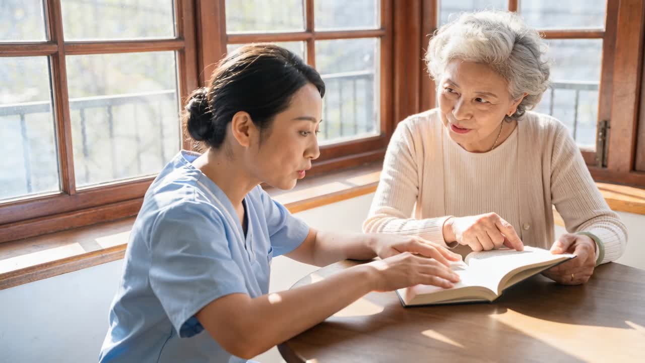 陽光が差す自宅のテーブルで開いた本を読む高齢者を、スクラブ姿の看護師が身をかがめて手助けしている。