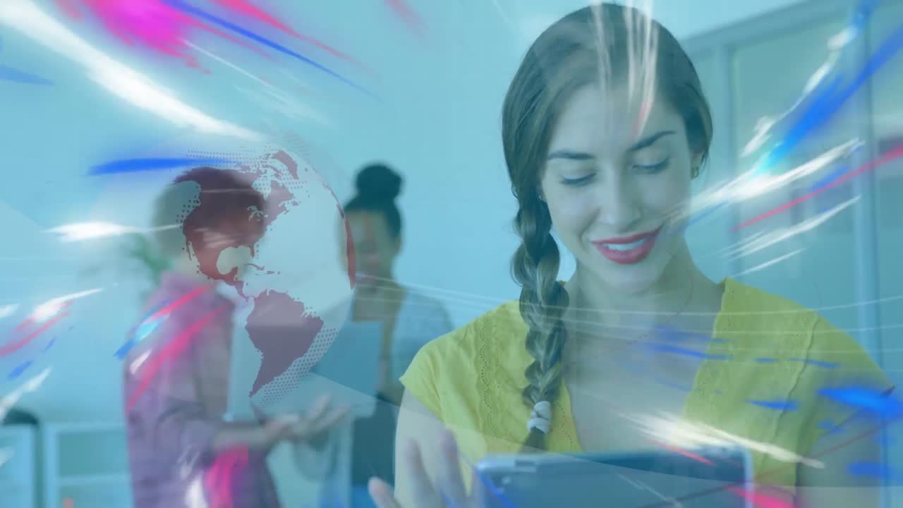 animación del globo y conexiones sobre la mujer usando la tableta