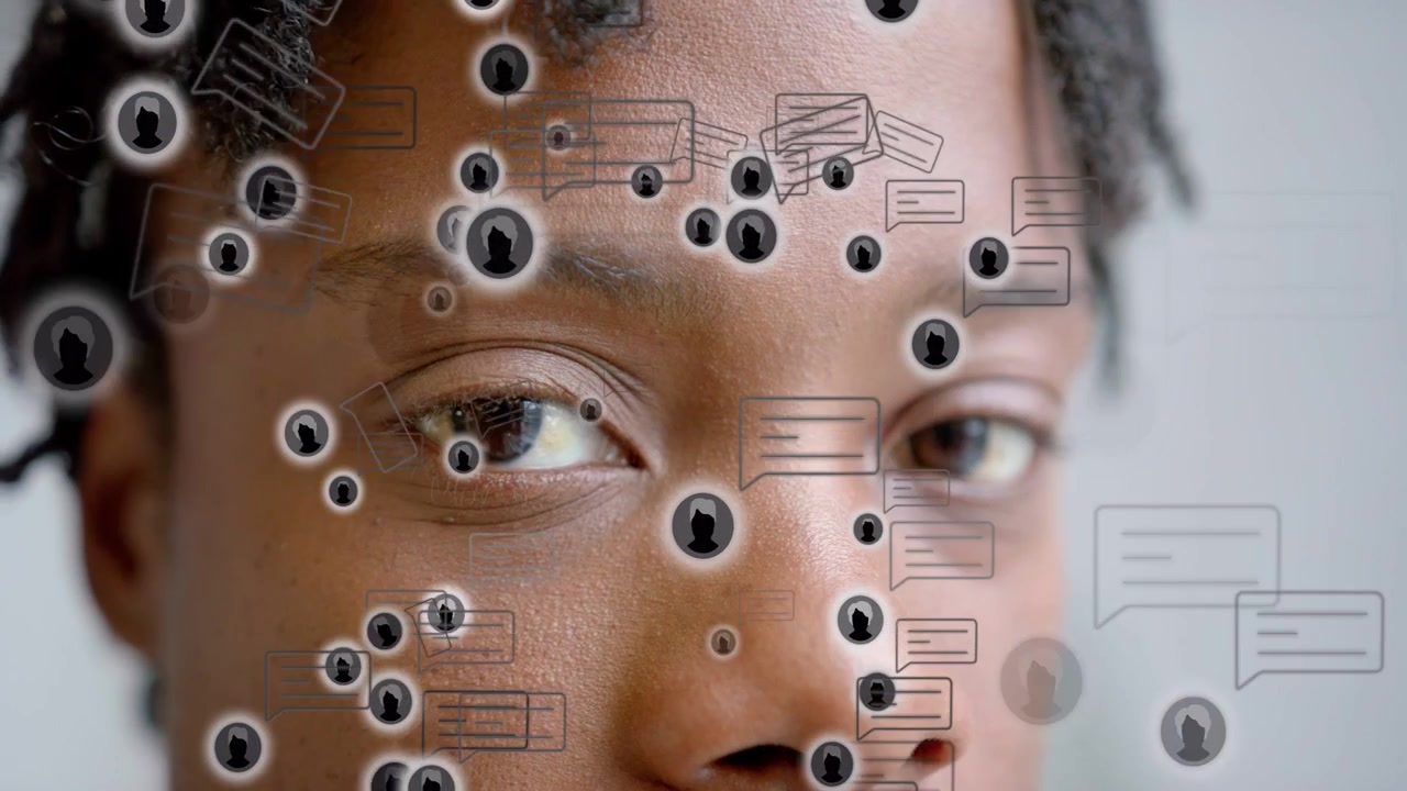 Man keeping eyes closed while social media avatar icons growing over face, causing eyes opening
