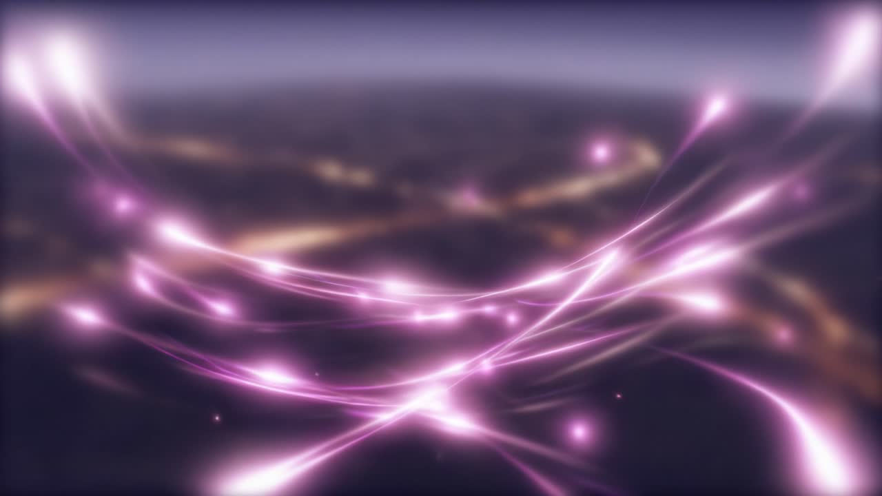 Glowing purple light streaks and sparkling particles flying above a beautiful out of focus city skyline at night, representing global network communication, data transfer, and internet speed