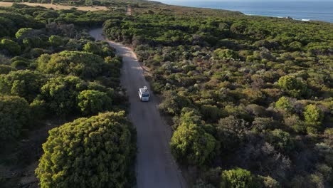 Vehicle-driving-on-rural-road-in-Margaret-River-area-at-sunset,-Western-Australia