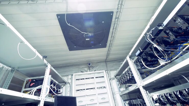 Storages with GPU Video Graphics Card mining. Industrial mining farm for bitcoin and cryptocurrency money.