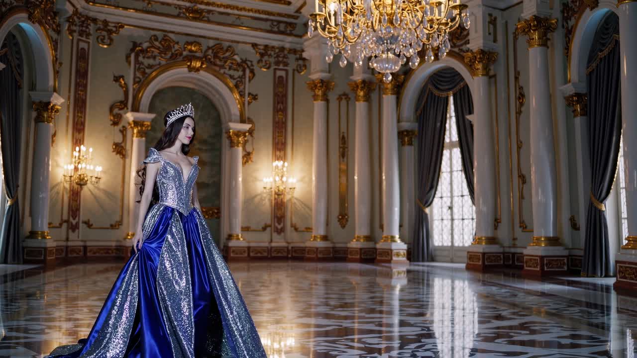 A woman in a blue gown stands in an opulent ballroom. The wide-angle shot captures the luxurious