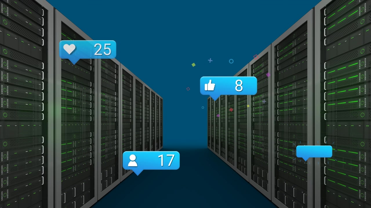 Animation of social media icons over servers