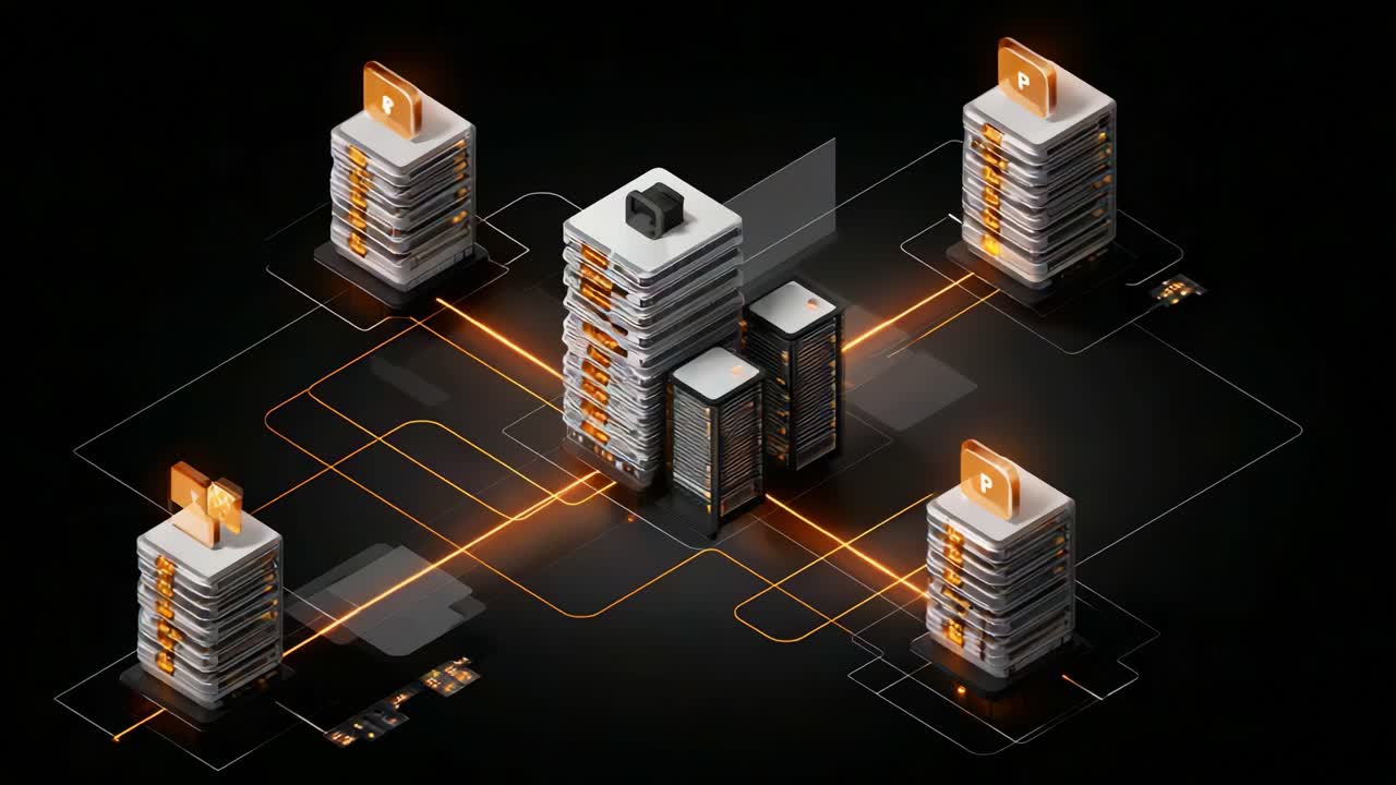 Futuristic Data Center Architecture with Interconnected Servers and Network Visualization Showcasing Digital Data Flow and Storage Management Systems in Cyber Environment