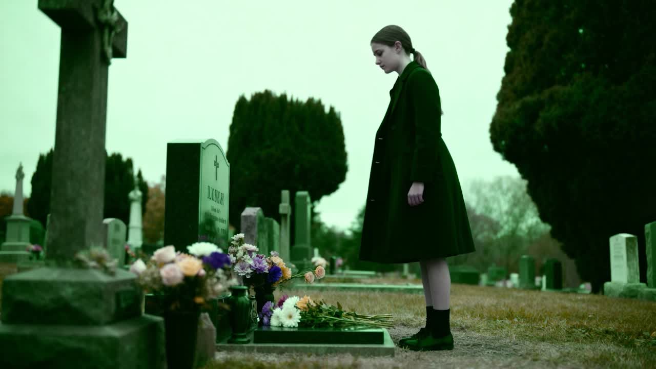 Adolescente in piedi accanto a una tomba che si protende per deporre un bouquet tra le lapidi e una croce commemorativa.