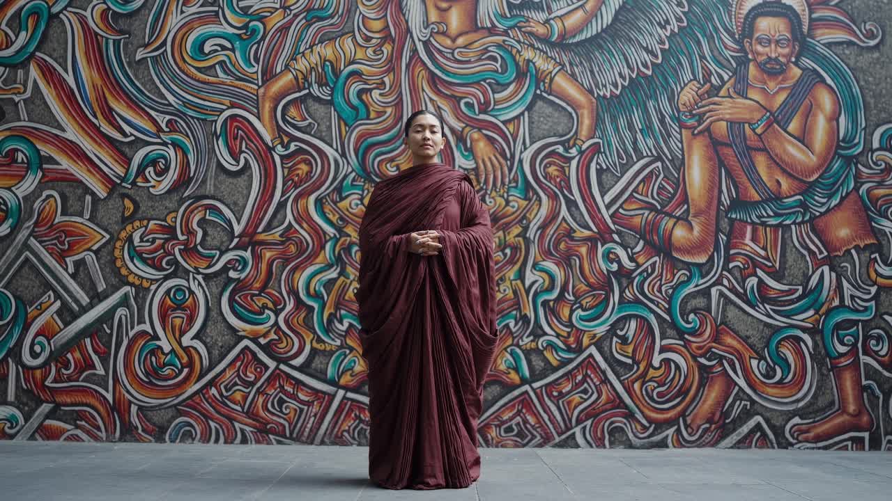 Woman in flowing maroon attire stands confidently against a vibrant mural, showcasing cultural artistry and expression in a dynamic visual narrative of strength and grace