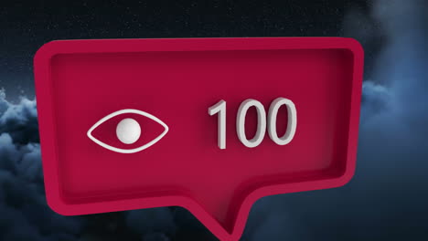 animation of eye icon with numbers on speech bubble over sky and clouds