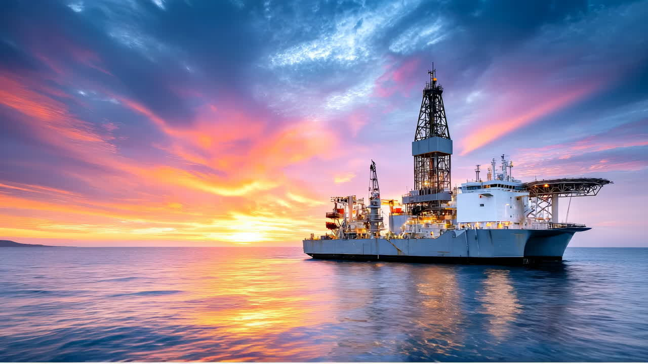 Drill ship at sunset on calm sea. A drilling ship is on the water beneath a bright sunset sky with colorful clouds reflecting on the surface of the water