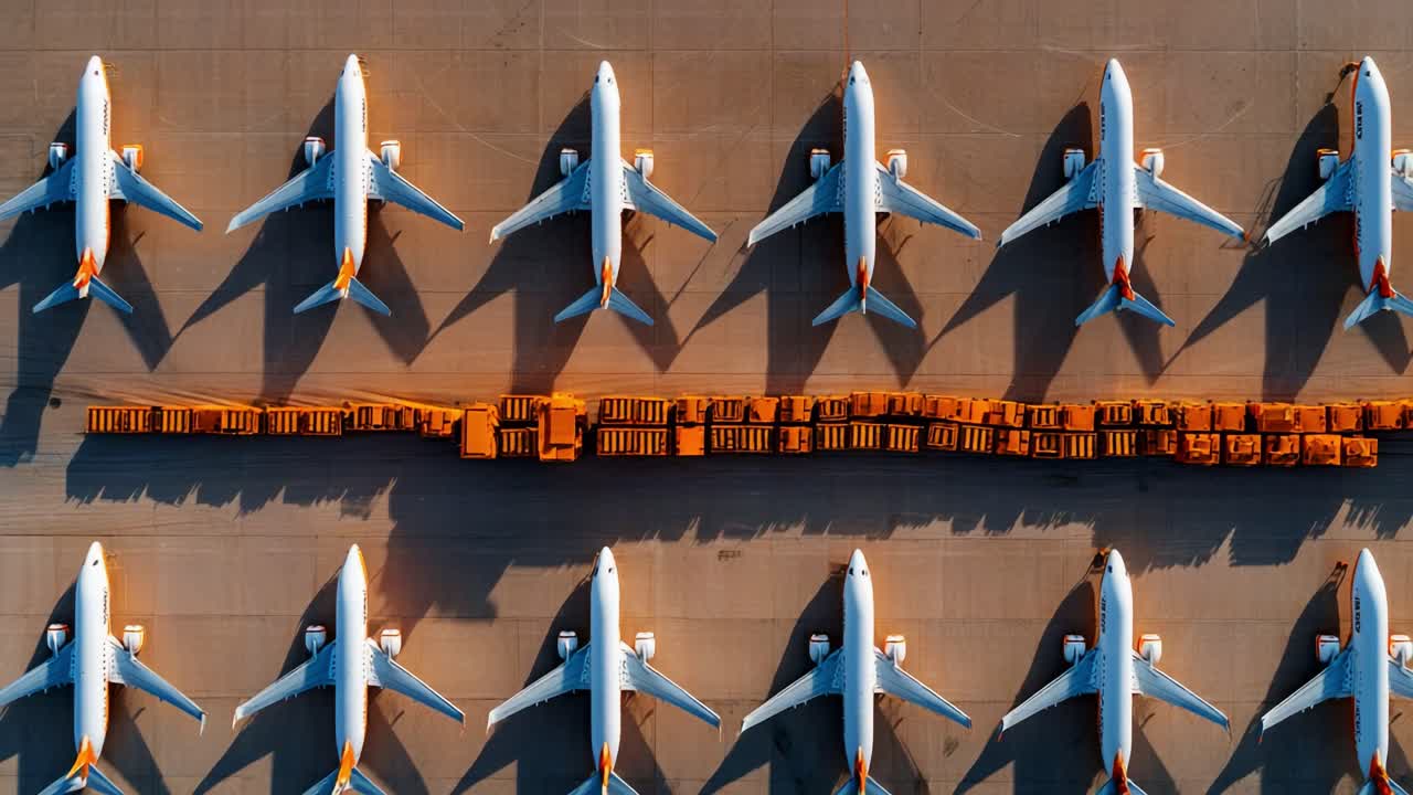 Aerial View of Parked Aircraft Aligning Symmetrically, Surrounded by Cargo Containers, Highlighting an Organized and Efficient Airport Logistics Environment