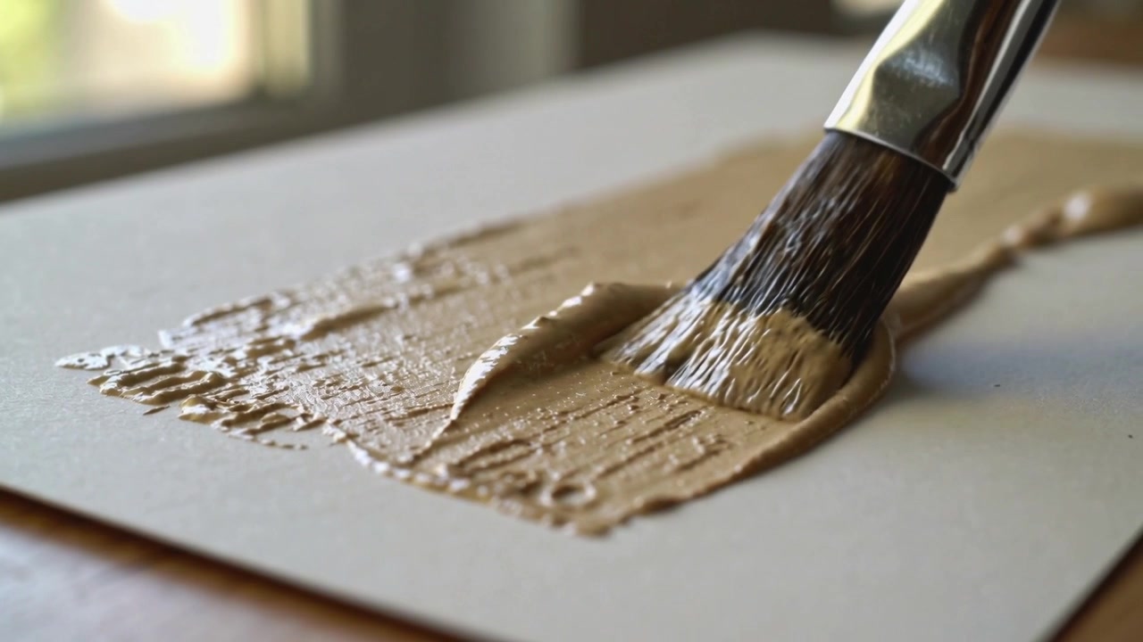 Pennello piatto che preme e tira su carta ruvida vicino alla finestra, stendendo pittura color cuoio da un grumo.