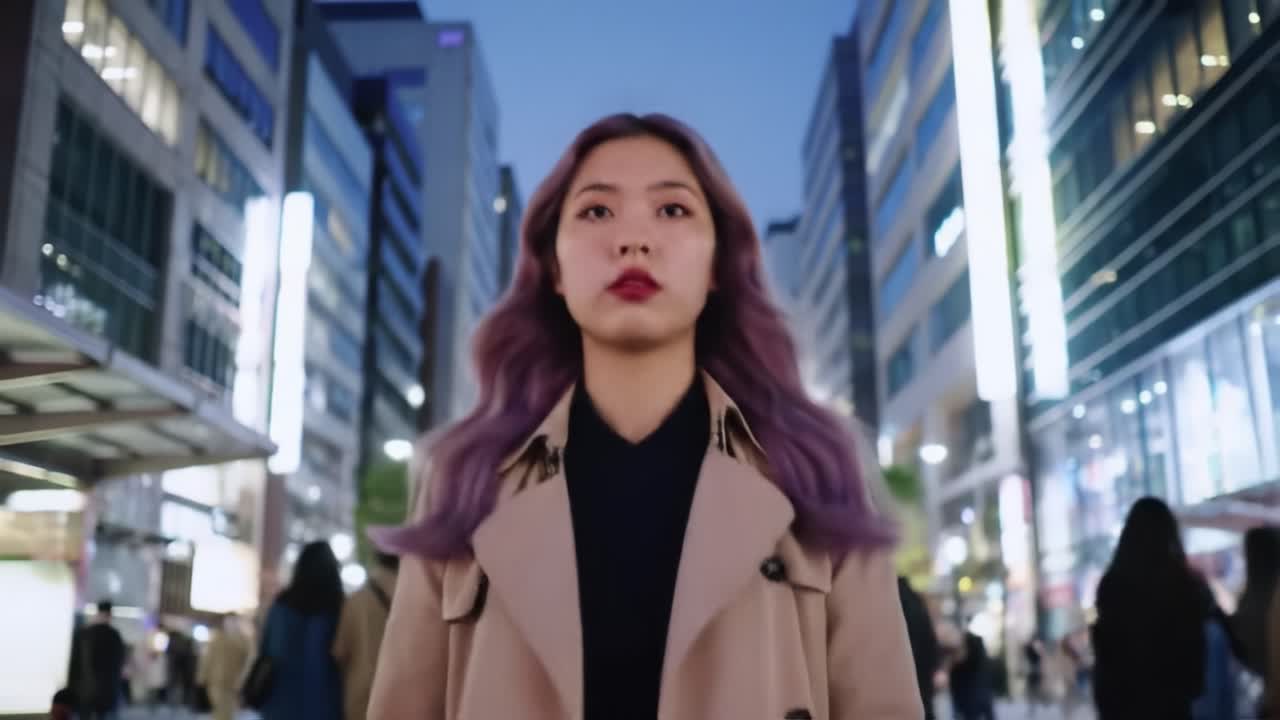 A young woman with purple hair confidently strolls through a bustling city street during twilight. People hurry past her as buildings glow with bright lights, creating a dynamic atmosphere.