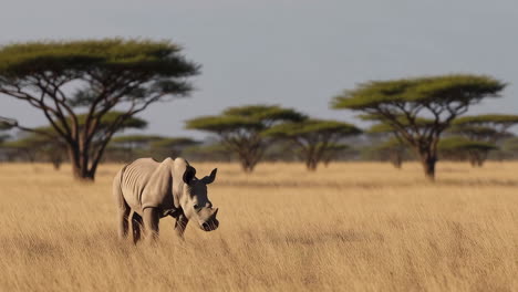 White Rhinoceros Mother and Calf in African Savanna