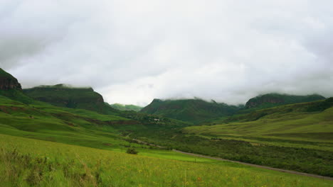 wide shot of the cathedral peak mountains in the drakensberg, kwazulu natal, south africa
