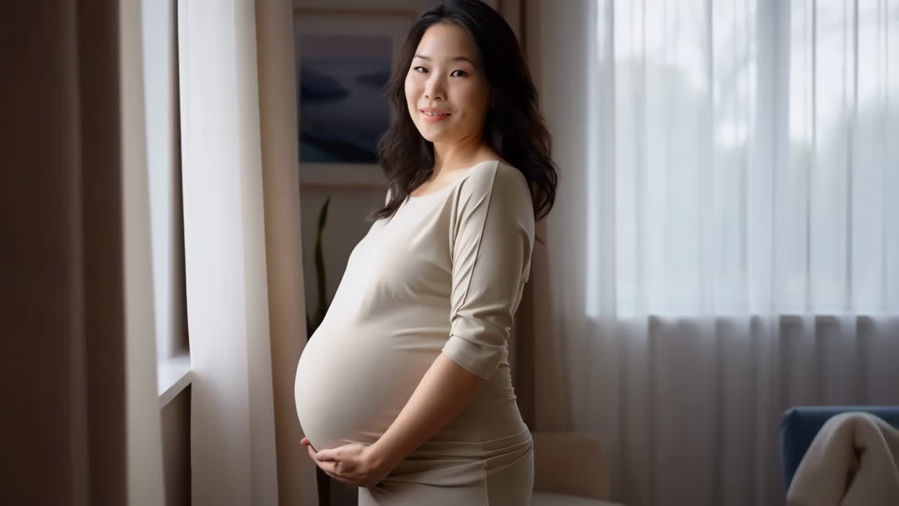 Pregnant Asian Woman Smiling and Holding Her Belly
