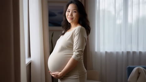 pregnant asian woman smiling and holding her belly
