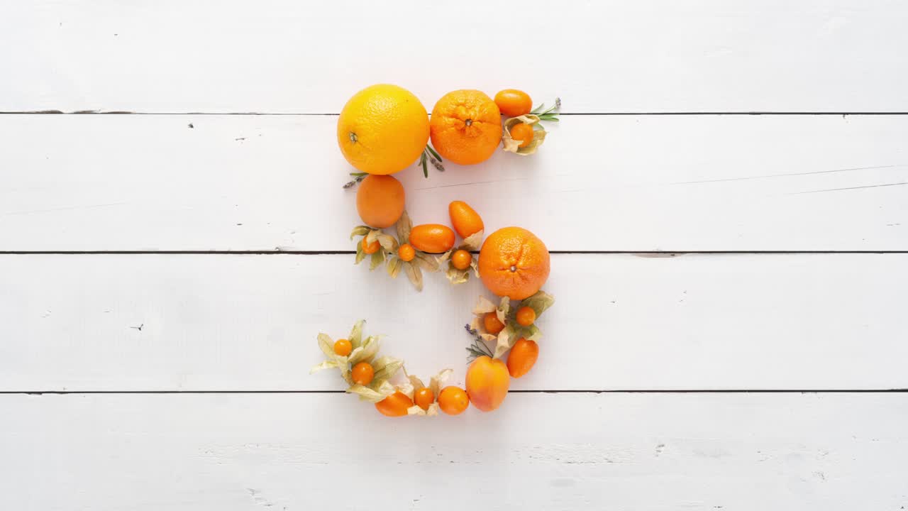 cuenta atrás hecha de fruta. cuenta atrás de 10 a 1. top ten. tipografía arte hecho de objetos.