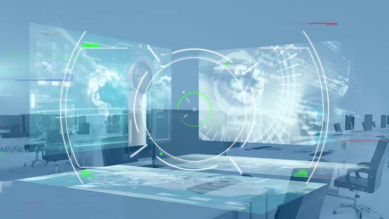 빈 사무실에서 스 ⁇  스캐닝과 데이터 처리의 애니메이션