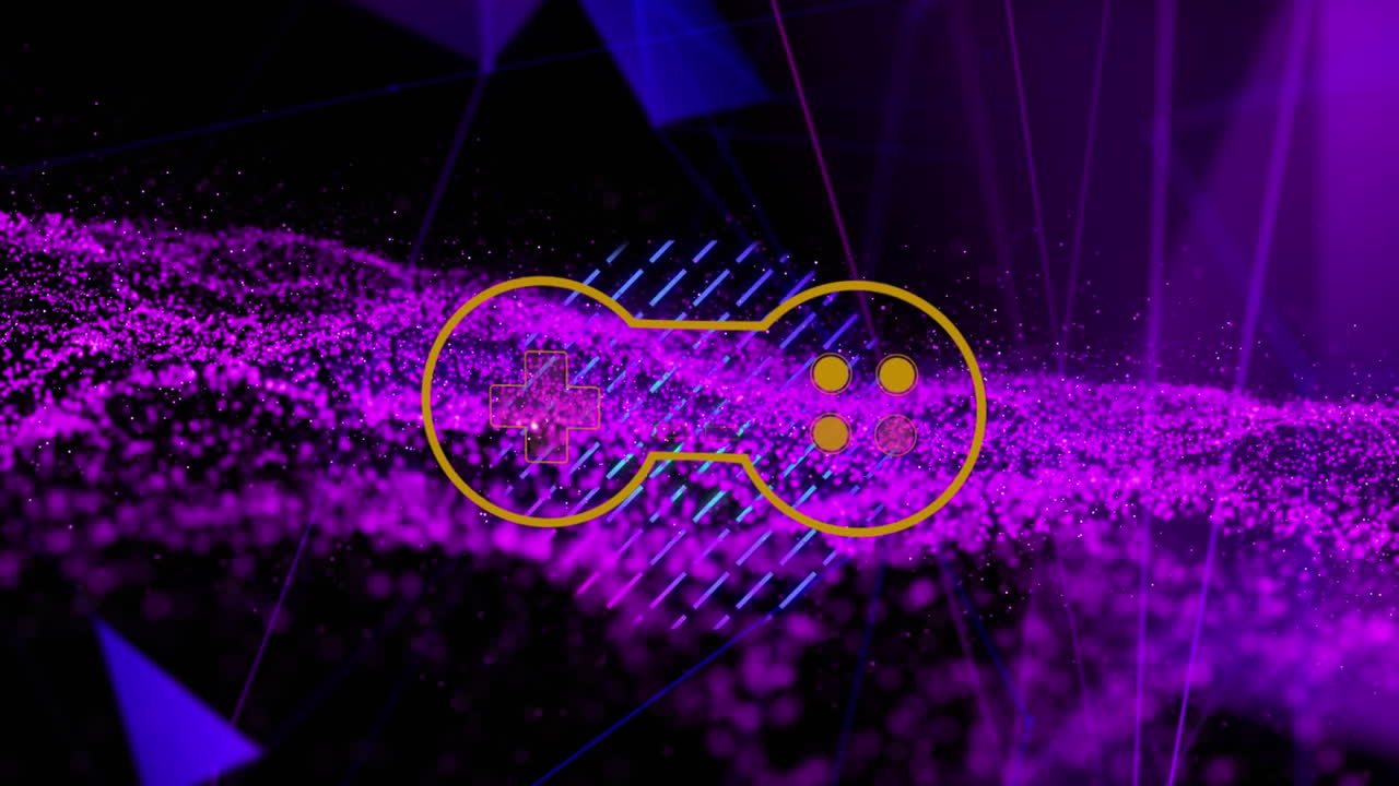 animación de iconos de controladores de videojuegos sobre ondas digitales púrpuras y redes de plexus.