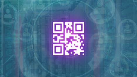 Animation of qr code and scanner processing data over network of people icons
