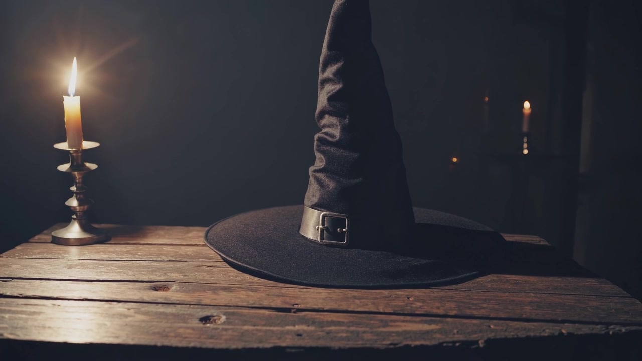 Black Witch Hat on Wooden Table with Lit Candle