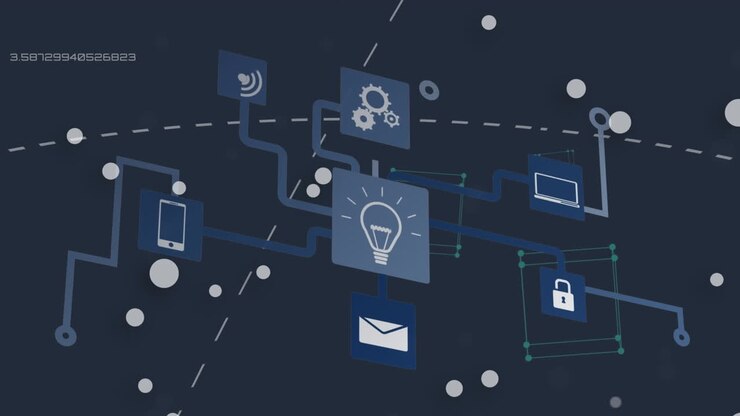 Animation of network of connections with light bulb and digital computer icons data processing blue