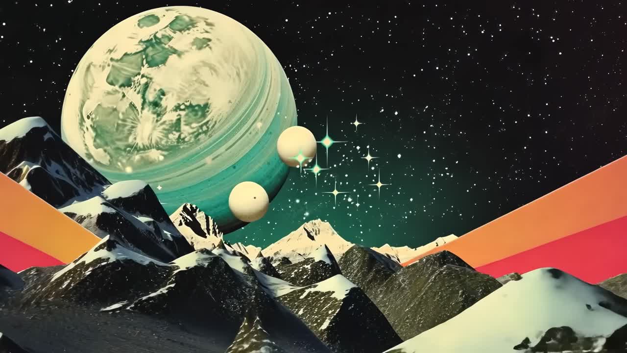 Surreal video concept with a low-angle view of snowy mountains under a starry sky, featuring a giant